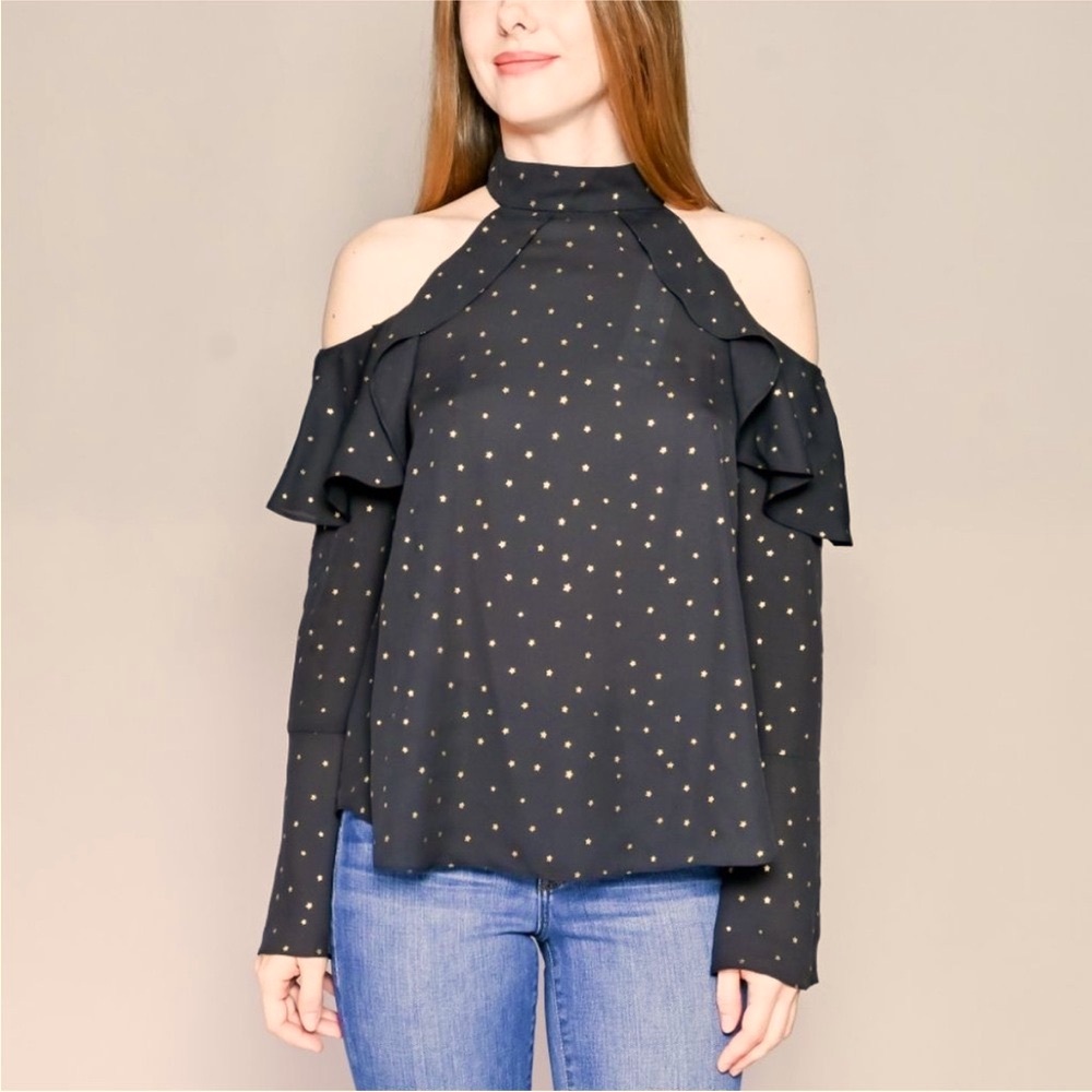Amanda Uprichard Black and Gold Ruffled Cut Out Blouse